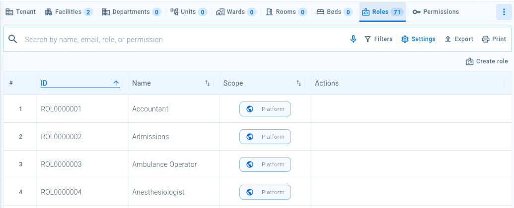 The Roles tab listing the roles available to the organisation, with the Create role button.