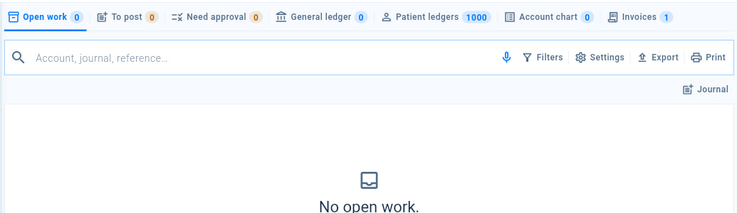 The accounting books with the Open work, To post, Need approval, General ledger, Patient ledgers, Account chart and Invoices tabs, and the Journal button.
