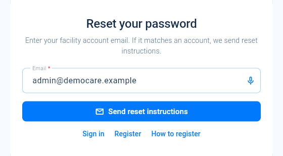 The Reset your password screen with the Email field and the Send reset instructions button.