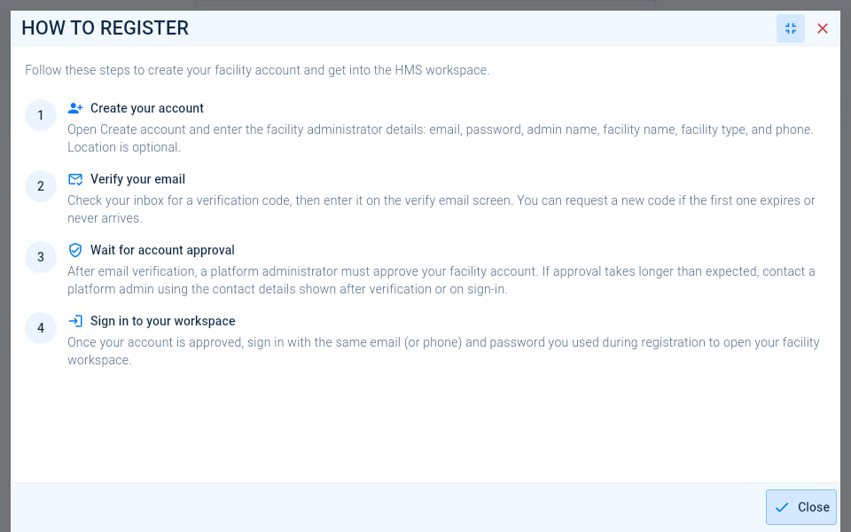 The How to register guide listing four stages: create your account, verify your email, wait for account approval and sign in to your workspace.