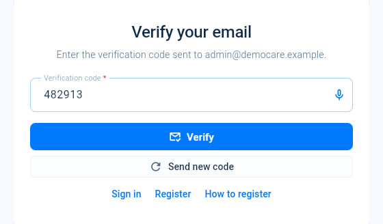 The Verify your email screen with the Verification code field, the Verify button and the Send new code button.