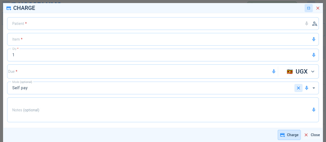 The Charge window with the patient, item, quantity, amount due and currency, payment mode and notes.