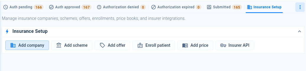Insurance Setup, with buttons to add insurance companies, schemes, offers and prices, enrol patients and connect insurer systems.