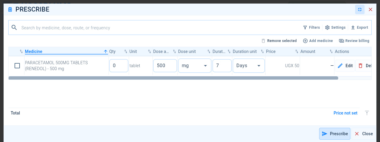 The Prescribe window with a medicine added, showing its quantity, dose, duration and price, and the Review billing and Prescribe buttons.