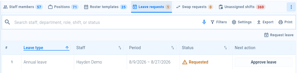 The Leave requests tab with the Request leave button and the Approve leave action.