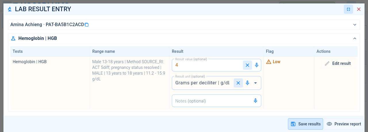 Lab result entry for a haemoglobin test, with its reference range, the result value and unit, notes, the Low flag, and the Save results and Preview report buttons.