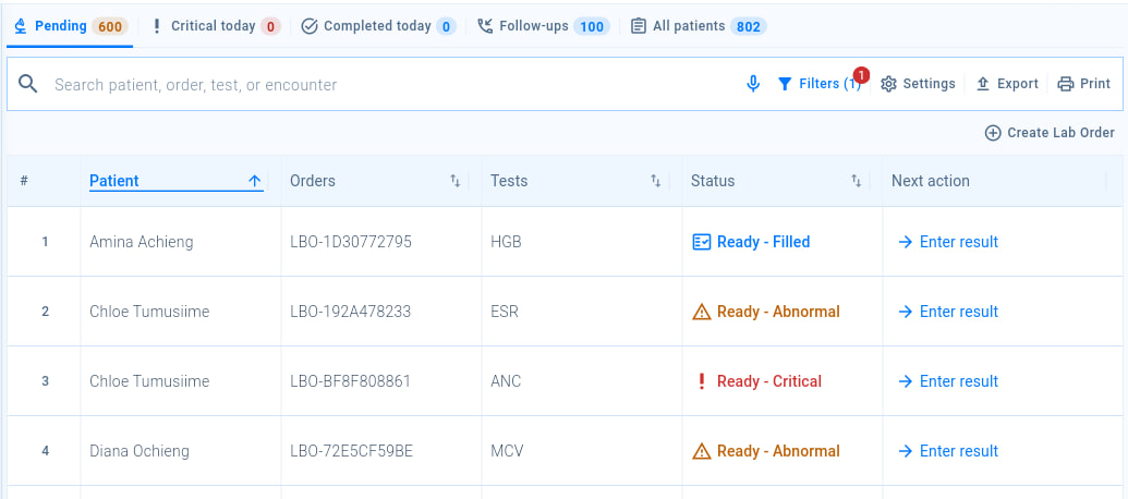 The laboratory worklist with its tabs, the Create Lab Order button and the Enter result action for each order.