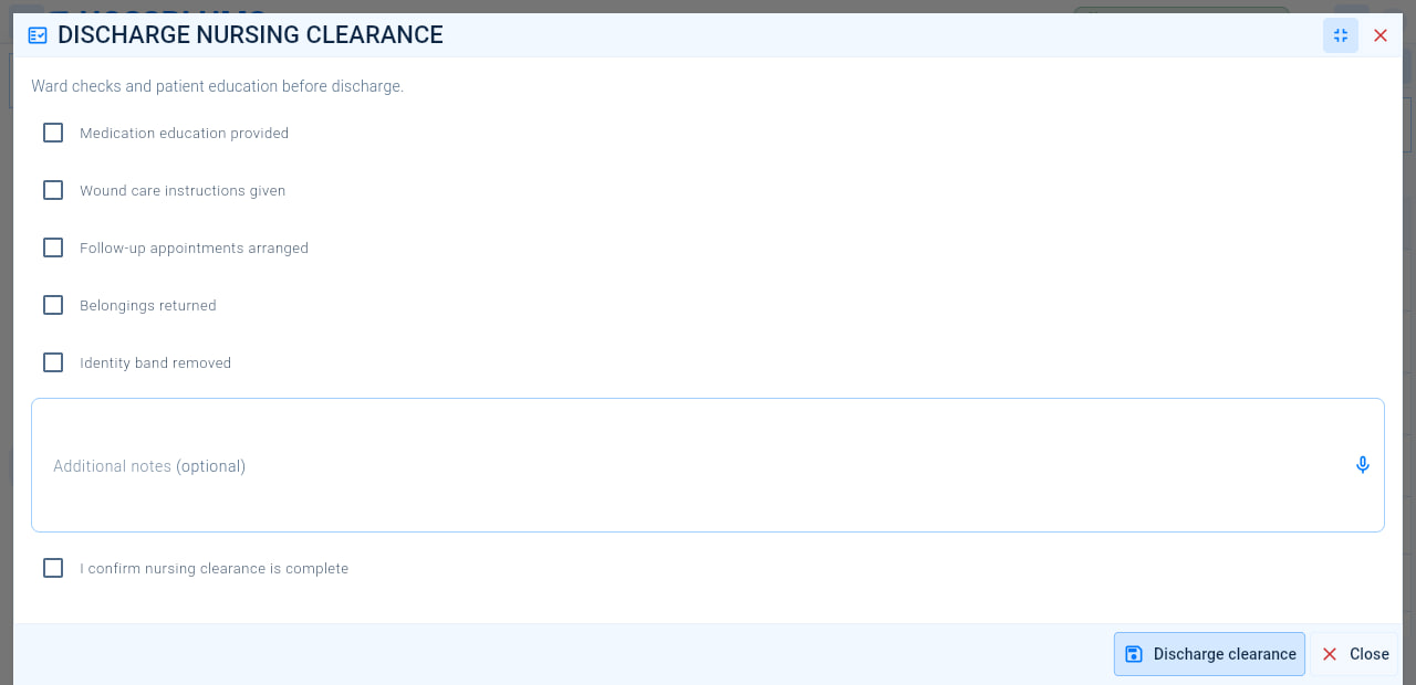 The nursing discharge clearance checklist with patient education and ward checks, additional notes, the confirmation and the Discharge clearance button.