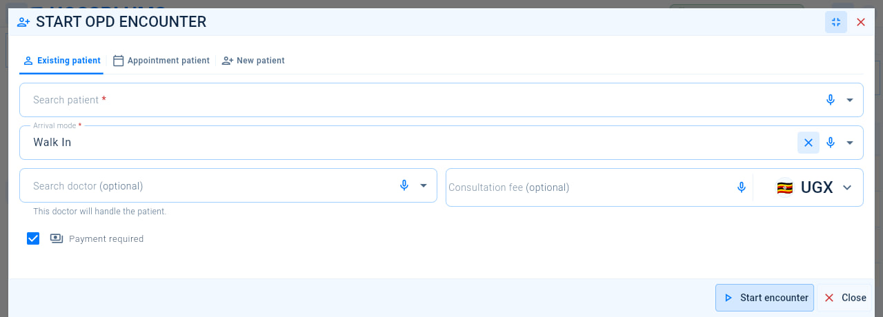 The Start OPD encounter window for an existing patient, with the patient search, arrival mode, doctor, consultation fee and the Payment required option.