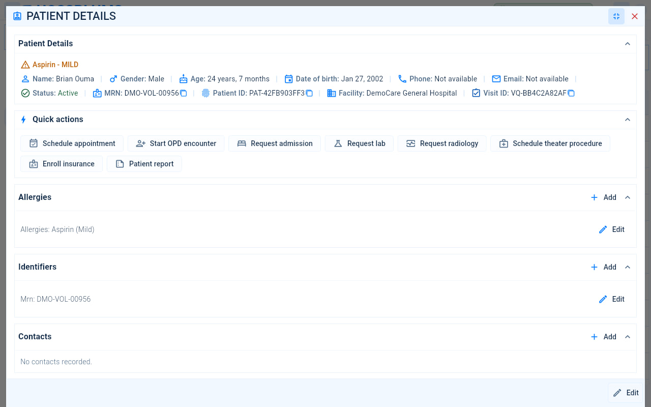 A patient record with the patient’s details and allergy alert, the quick actions, and the Allergies, Identifiers and Contacts sections.