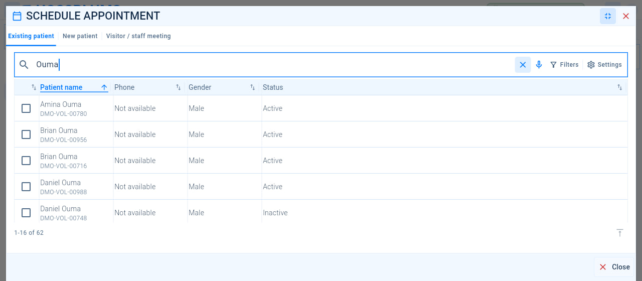 The Schedule appointment window on the Existing patient tab, searching for a patient by name.