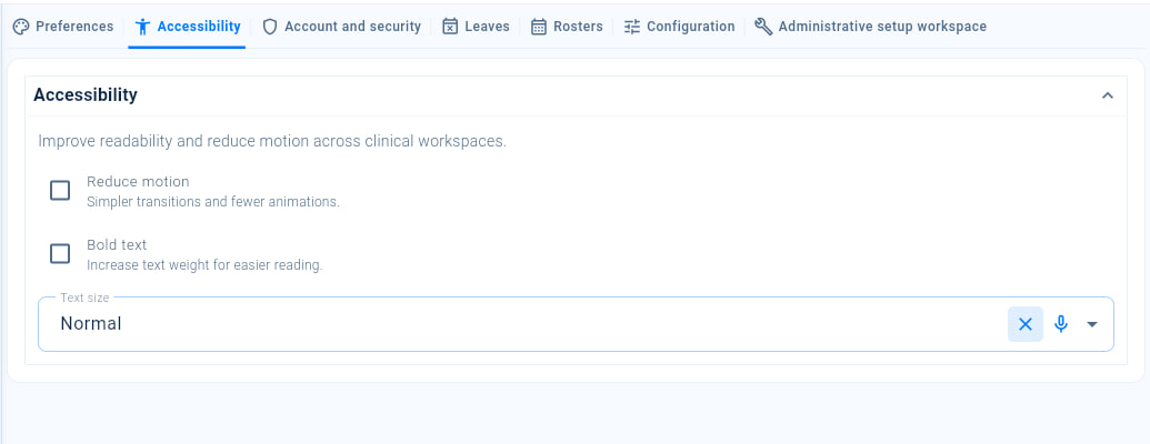 Settings on the Accessibility tab, with the Reduce motion and Bold text switches and the Text size choice.