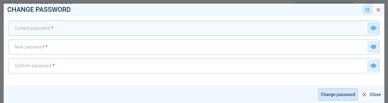 The Change password form with the Current password, New password and Confirm password fields.