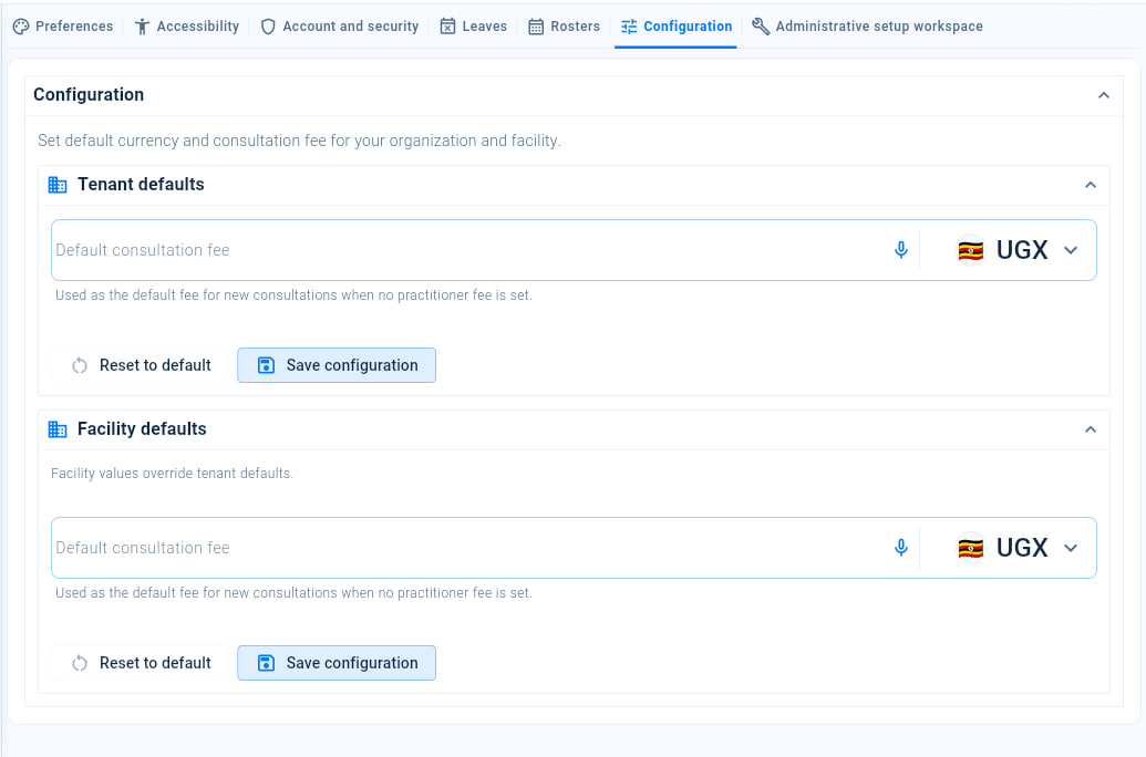 Settings, Configuration tab, with the default consultation fee and currency for the organisation and for the facility, and the Save configuration buttons.