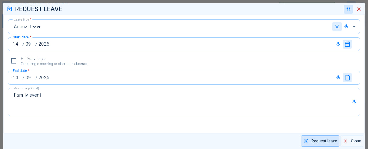 The Request leave form with the leave type, start date, half-day option, end date and reason fields.