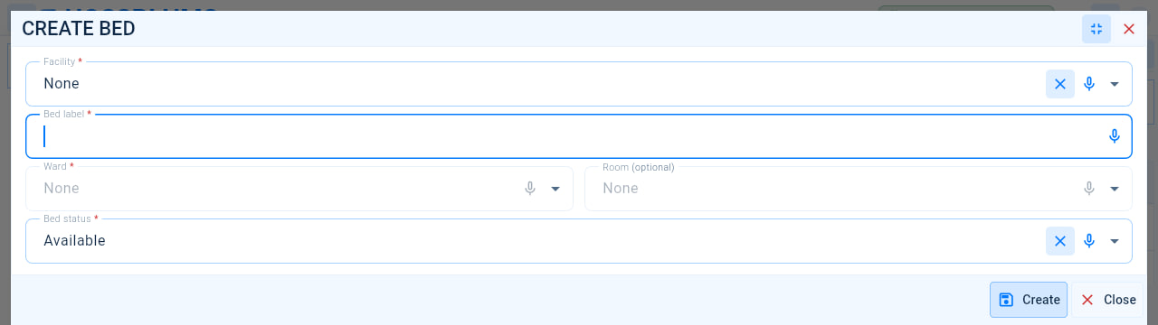 The Create bed form with the facility, bed label, ward, room and bed status fields and the Create button.