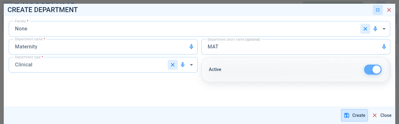 The Create department form with the department name, short name, department type and active fields and the Create button.