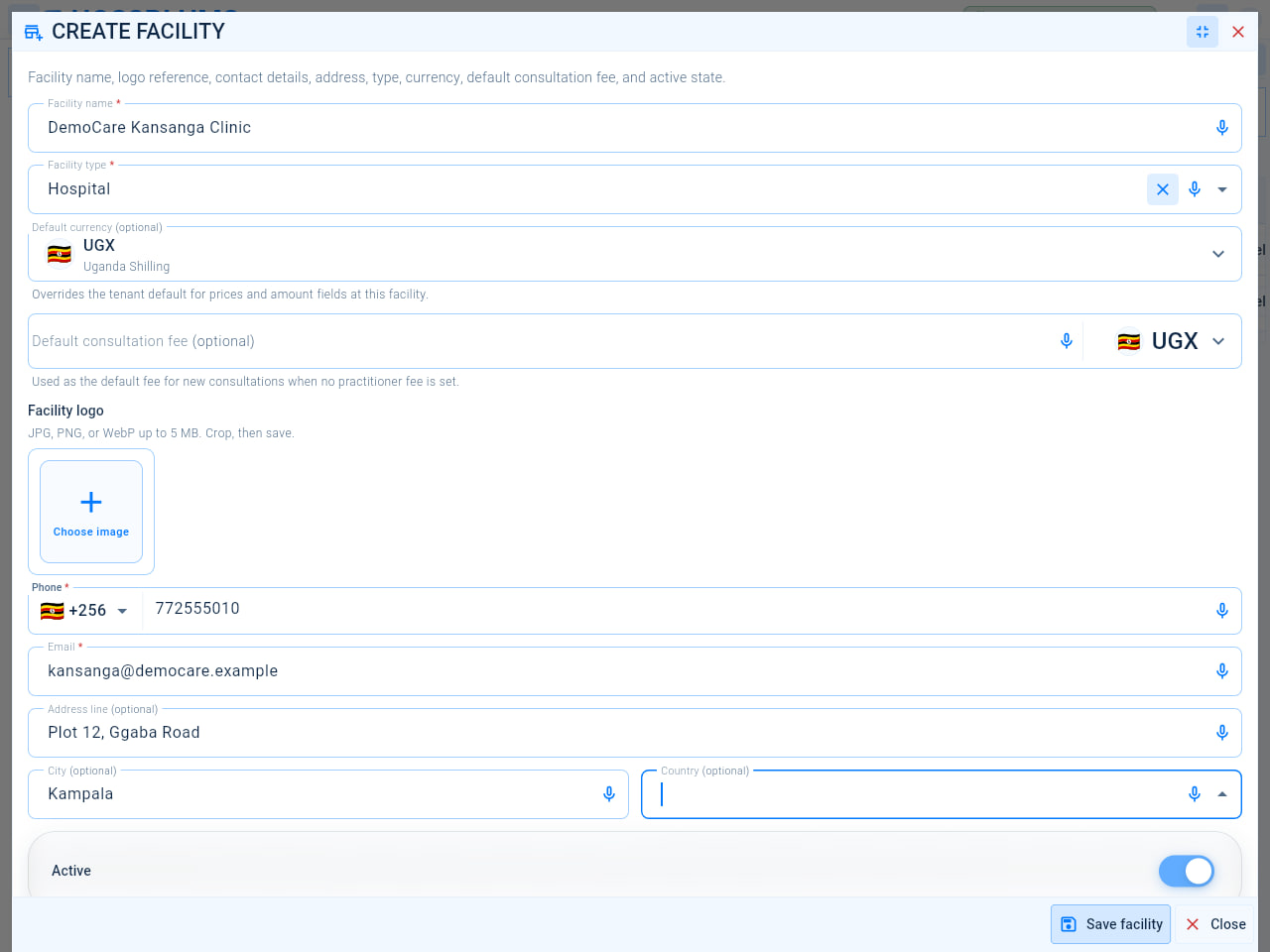 The Create facility form with the facility name, type, currency, consultation fee, logo, phone, email and address fields and the Save facility button.