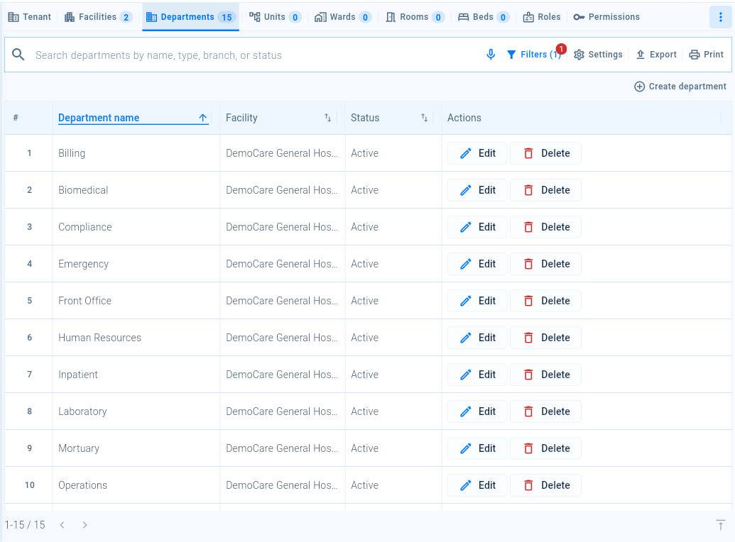 A list screen with the search box, Filters, Settings, Export and Print buttons, a Create button, sortable column headings, row actions and the record count.