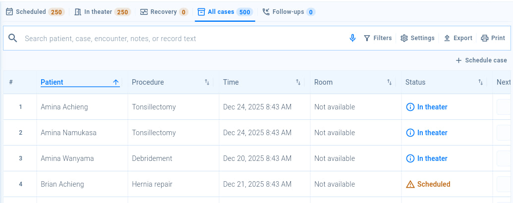 The operating theatre worklist with its tabs, the Schedule case button and the scheduled cases.